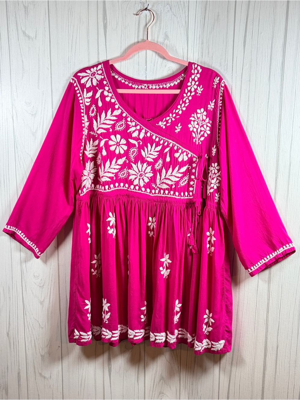 EMBROIDERED Boho Tunic Dress Bright Fuchsia and White, fits XL